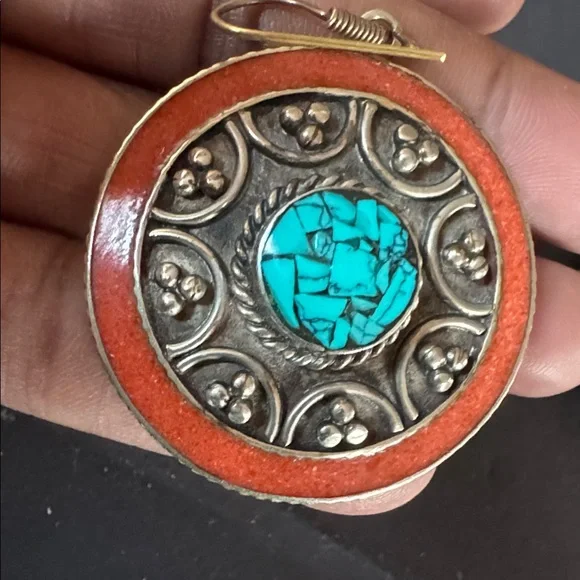 Nepalese Coral and Turquoise Boho Earrings - Picture 11 of 13